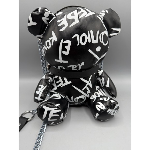 Graffiti Teddy Bear Black White Crossbody Faux Leather Chain Strap Novelty Purse - Picture 11 of 11